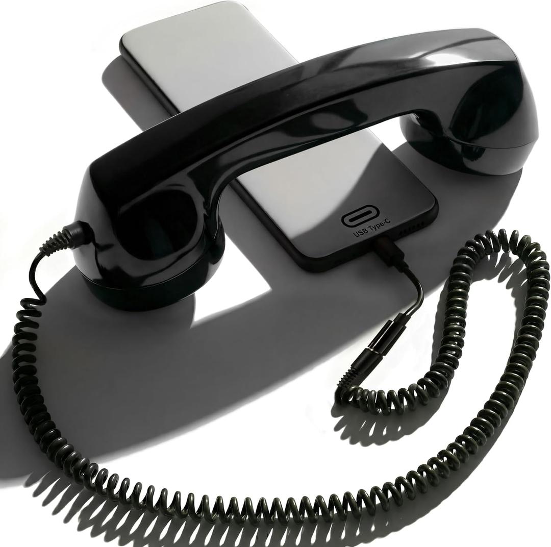 Opis Technology 60s Micro Retro Phone Handset for Smartphones, Corded Receiver with 3.5 mm Plug and USB-C Adapter, for Android, Tablets and Computers (Black)