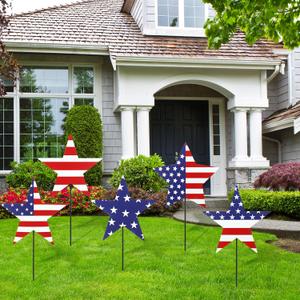 5 Pcs Patriotic 4th of July Outdoor Decorations Independence Day Metal Yard Signs with Stake American Flag Red White Blue Star 250 Anniversary Lawn Signs for 4th of July Garden Party Decor, Star: 7.87 inches, Stake: 11.81 inches