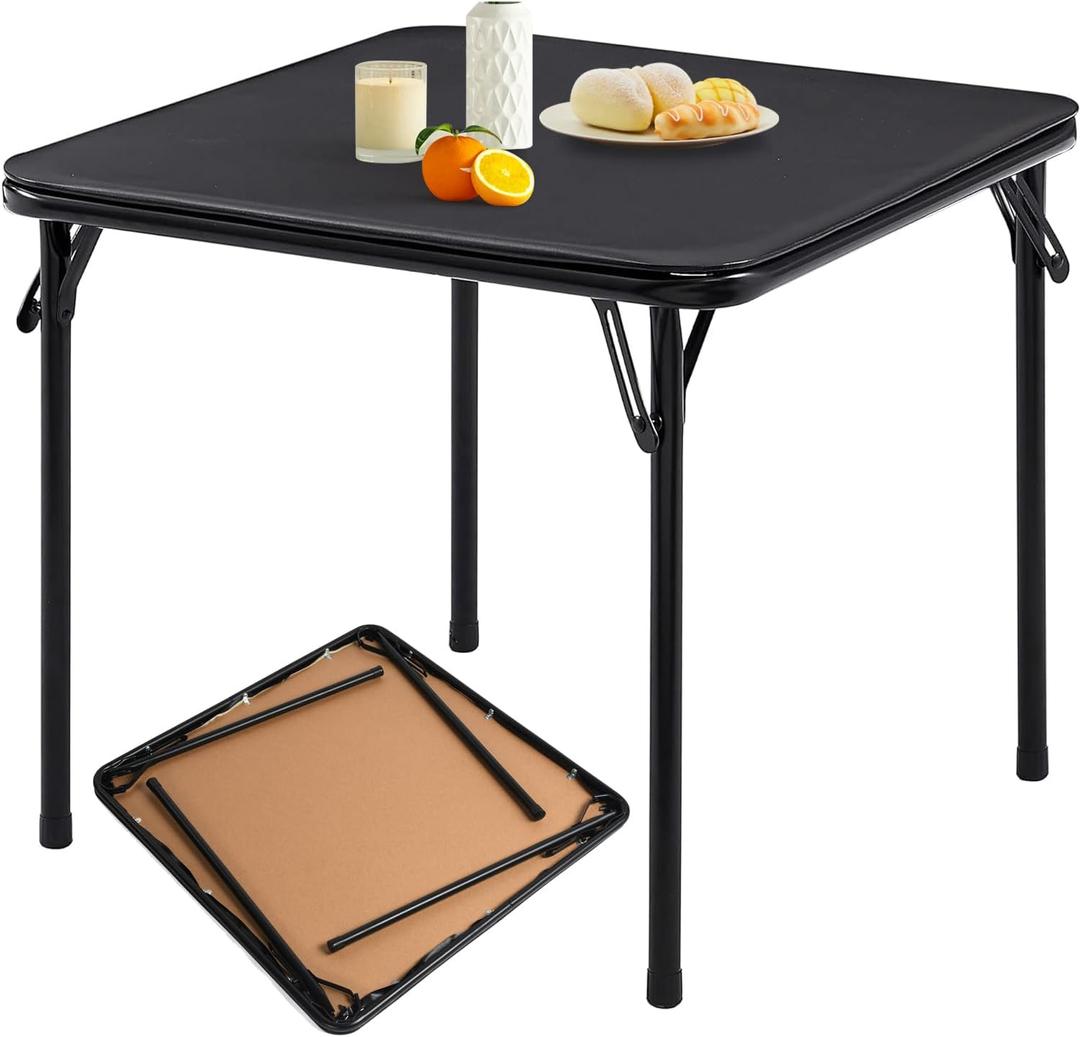 FurnitureR 33.9 Inch Square Folding Table, Multi-Functional Card Table for Holiday Hosting, Game Nights, Small-Space Dining, Portable Indoor Outdoor Use, Black PVC Top & Metal Frame