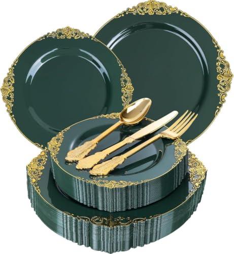 Joyido 125PCS Green and Gold Plastic Plates - Fancy Green Disposable Plates - Vintage Plate with Gold Plastic Silverware Set for 25 Guests for Party & Wedding