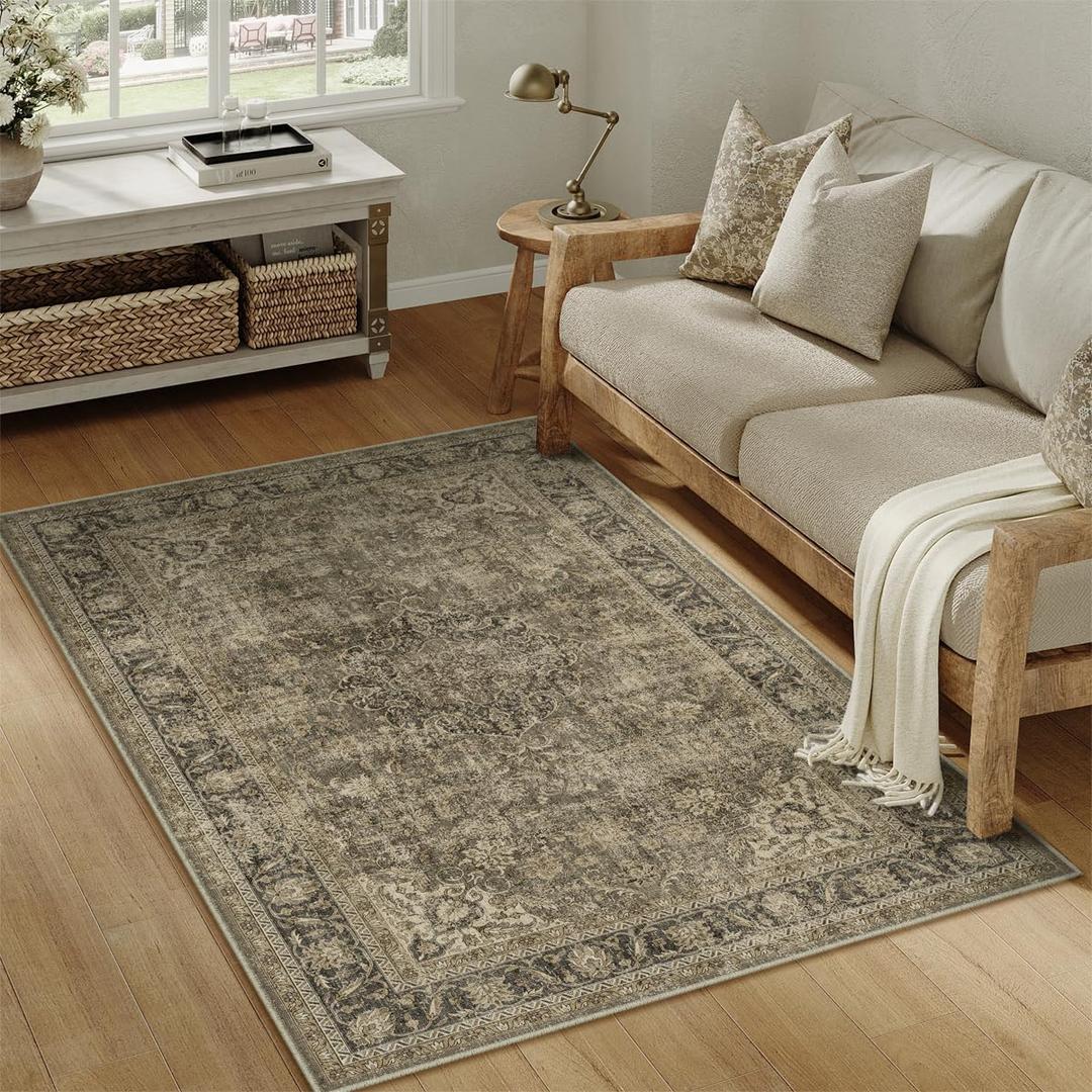 3x5 Washable Area Rug Brown Vintage Non Slip Soft Low Pile Rug for Entryway Kitchen Bathroom Distressed Oriental Throw Carpet for Living Room Bedroom Home Decor
