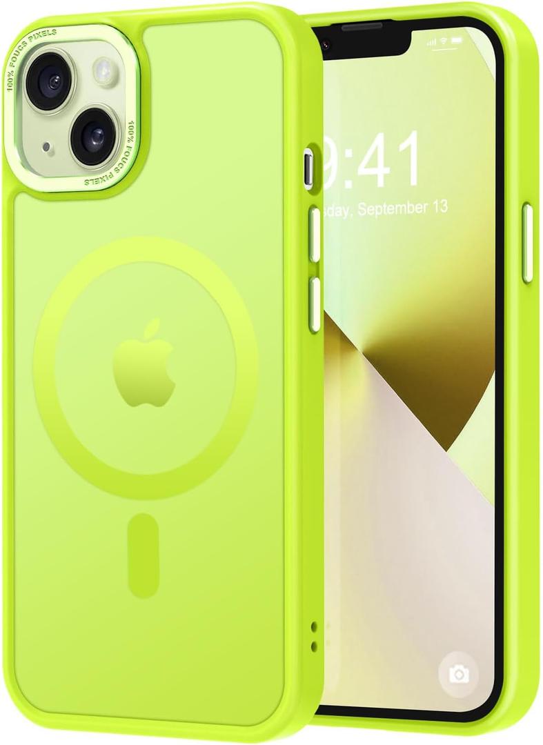 Thomo Strong Magnetic Case for iPhone 13 & iPhone 14 [Magsafe Compatible] Translucent Matte Slim Shockproof Anti-Fingerprint Protective Case, Fluorescent Green