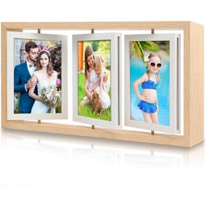 1 Pack 4x6 Rotating Photo Frame Rustic Wooden Picture Frames, Double Side-Display 6 Photos, Floating Photo Frame Family Frame for Tabletop Display (NATURAL WOOD)