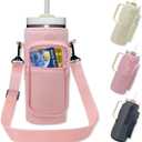 Water Bottle Holder with Strap, Insulated Crossbody Sling Bag, Carrier with Phone Pocket for Walking Hiking Camping Fishing (For Stanley Cup 40 oz, Pink 1)