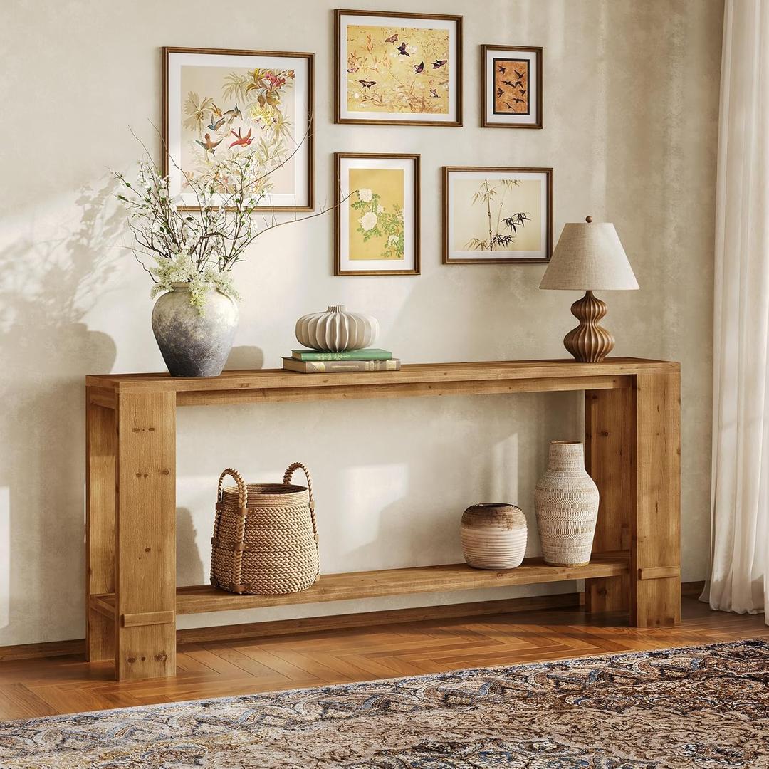 LITTLE TREE 70-Inch Solid Wood Console Table, Farmhouse Sofa Table for Behind the Couch, 2-Tier Narrow Entryway Table for Living Room or Hallway (Warm Brown)