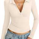 Womens Cotton Polo Collared Shirt Long Sleeve Sexy Deep V Neck Top Button Up Slim Fitted Tee Business Casual Outfit (Large, Apricot)