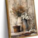 Rustic Farmhouse Bathroom Wall Art, Vintage Floral Canvas Print for Restroom Toilet, Distressed Metal Pitcher and Dried Flower Artwork, Neutral Country Style Home Decor for Living Room Bedroom 8x10 Inch Framed