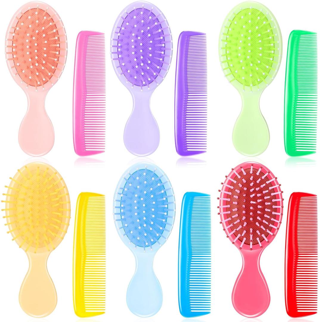 12 Pack Wet Small Hair Brush Combs Set, 6 Detangler Mini Brush Detangling Travel Hair Brush 6 Plastic Fine Wide Combs for Women Men Kids Toddler Girls Baby(Bright Color)