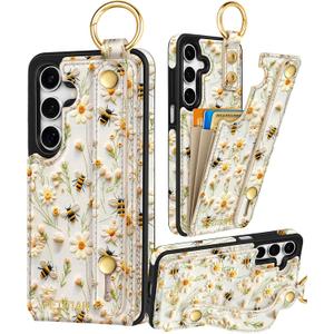 Petitian for Samsung Galaxy A16 5G Case with Wallet - Women Girls Cute Girly Aesthetic Unique Design Leather Credit Card Holder Cardholder Stand Wristband for Galaxy A16 5G, Flower