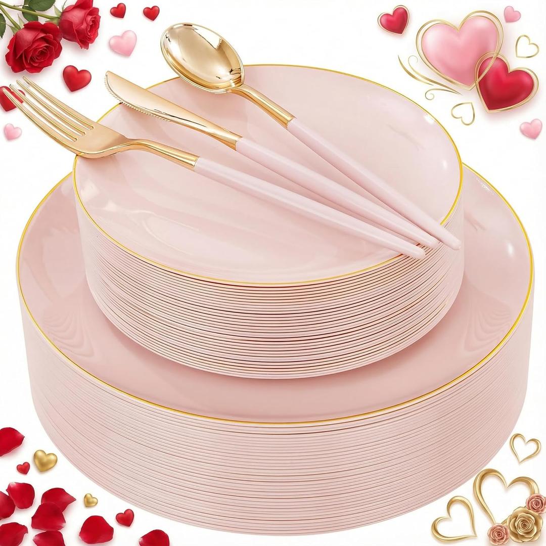 DaYammi 150Pcs Pink Plastic Plates with Gold Rimmed, Heavy Duty Plastic Plates - Pink Disposable Plate Included 30 Dinner plate, 30 Dessert plate, 30 Knives, 30 Forks, 30 Spoons for Valentine's Day Party
