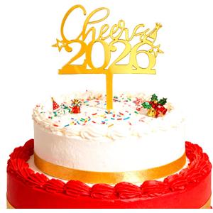 Mirror Gold Acrylic Happy New Year 2026 Cake Topper, Cheer to 2026, New Years Eve Party Decorations,Happy New Year Party Cake Decorations