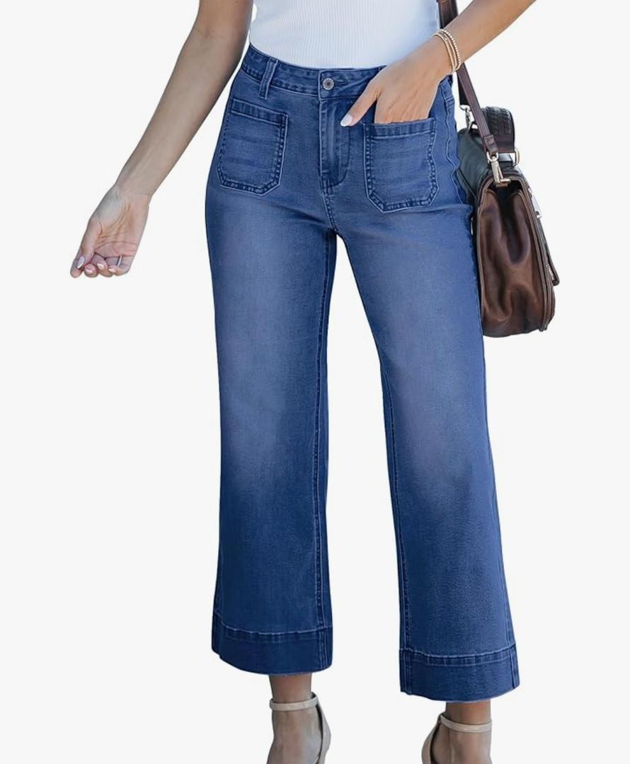 luvamia Wide Leg Jeans for Women Trendy High Waisted Flare Jeans Cropped Denim Pants Stretchy Baggy with Patch Pockets, M