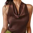LAOTEPO Cowl Neck Halter Tops for Women Silk Satin Going Out Tank Top Trendy Summer Camisole Business Casual Blouses Outfits Brown, L