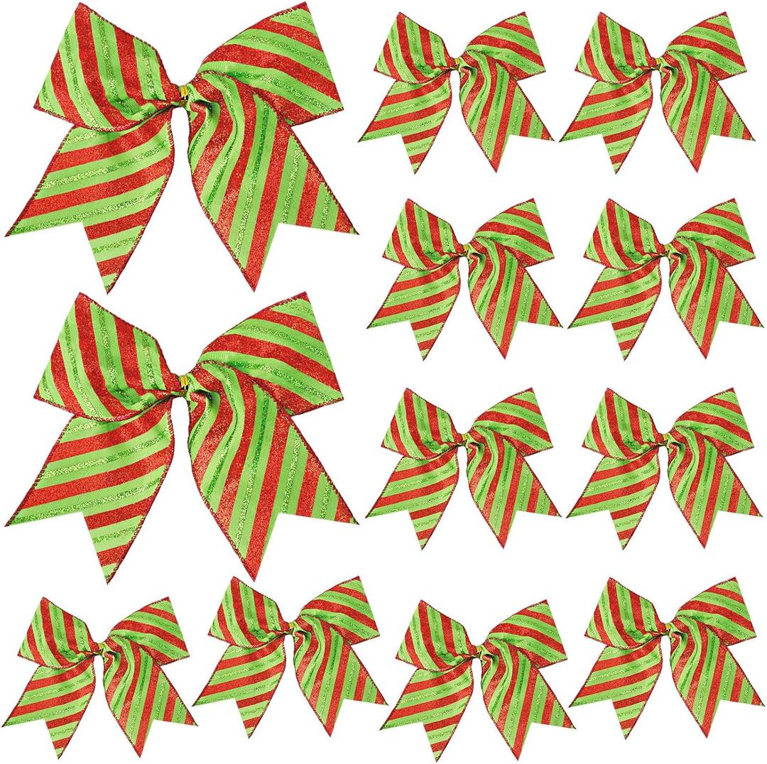 12 Pcs Red Green Christmas Bows,6 Inch Large Christmas Wreaths Bows for Tree Gift Wrapping Garland,Christmas Decoration Holiday Party Crafts Xmas Tree Ribbon Ornaments (Glitter Stripe)