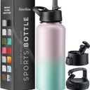 FineDine Water Bottle - Stainless Steel Insulated Water Bottle with Straw Lid, Flip Lid & Wide-Mouth Cap - Keeps Hot and Cold - 32 Oz / 946ml - Dreamy Pink-Green