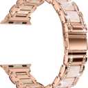 Moolia Metal Band Compatible with Apple Watch Band 38/40/41/42mm Women Rhinestones Resin Wristband Bling Diamond Bracelet for iWatch Series 11 10 9 8 7 6 5 4 3 2 1, Rose Gold/Pearl