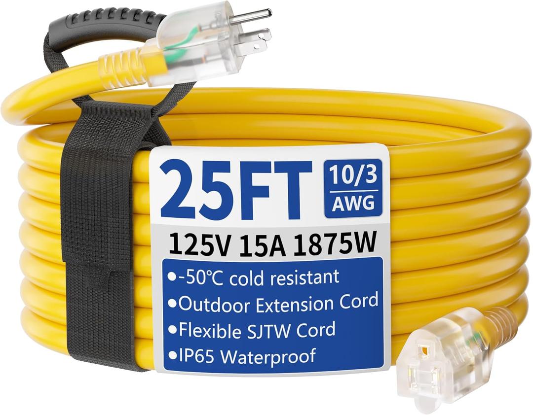 25ft Outdoor/Indoor Extension Cord with Lighted 10/3 Gauge Ultra 3 Prong Heavy Duty SJTW, Waterproof, Flexible Cold-Resistant,15A 125V 1875W, Yellow