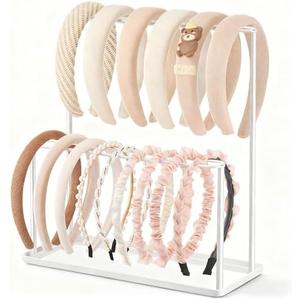 Josmimic Headband Holder Organizer Metal 2-Tier with Tray: Hair Accessories Display Stand Storage Hairband Rack Necklace Stand Home Bedroom for Girls Women, White