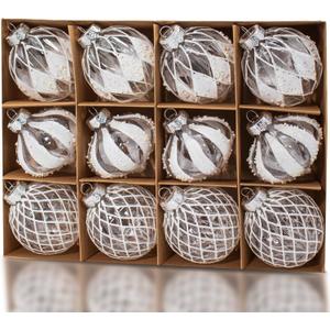 12 PCS Clear and White Christmas Ball Ornaments, 80mm/3.15 Inches Rustic Farmhouse Christmas Decorations, Large Shatterproof Luxury Hand-Painted Xmas Ornaments for Christmas Tree, Wedding