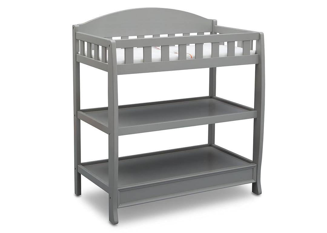 Delta Children Infant Changing Table with Pad, Grey,  Size 35x19.75x39.25 Inch (Pack of 1) Item Weight 15.52 kg, 
Includes two fixed shelves for open storage