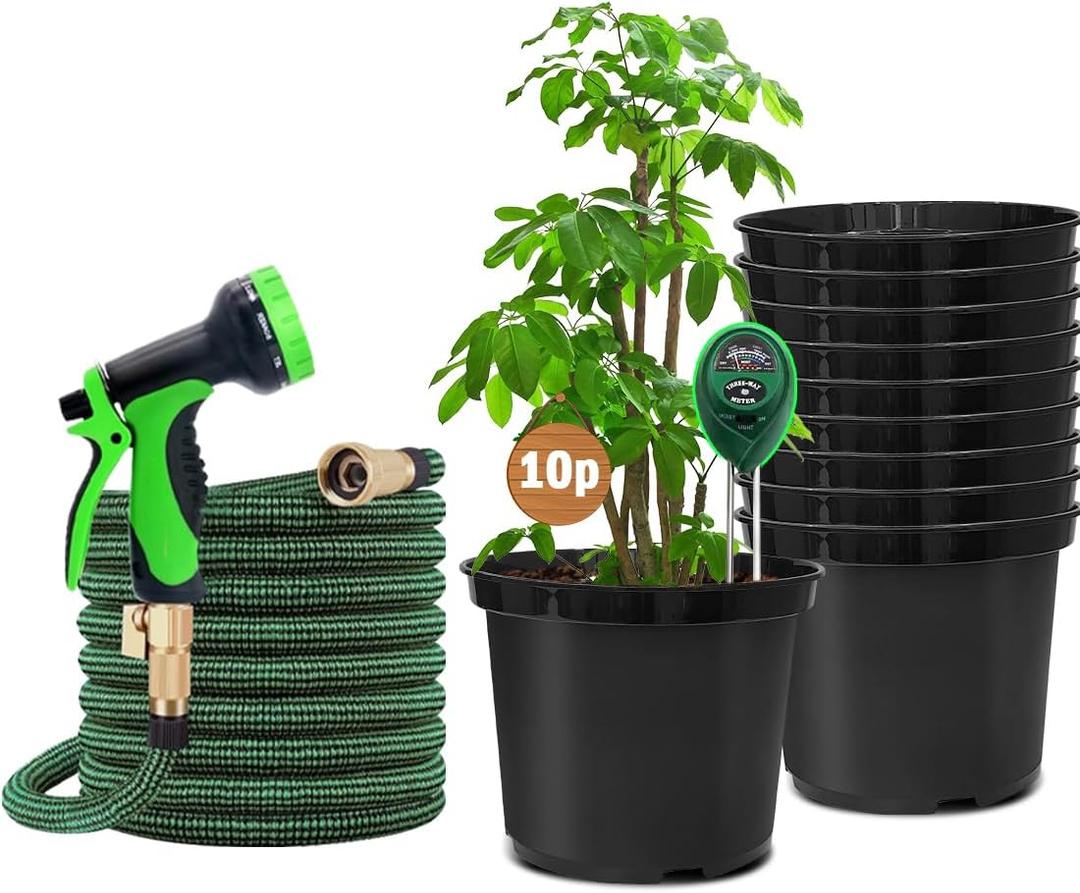 5 Gallon Nursery Pots + 50ft Garden Hose with Spray Nozzle + 3-in-1 Soil Tester for Moisture/Light/pH | All-in-One Gardening Kit for Indoor/Outdoor Plants, Gardening Gifts for Women