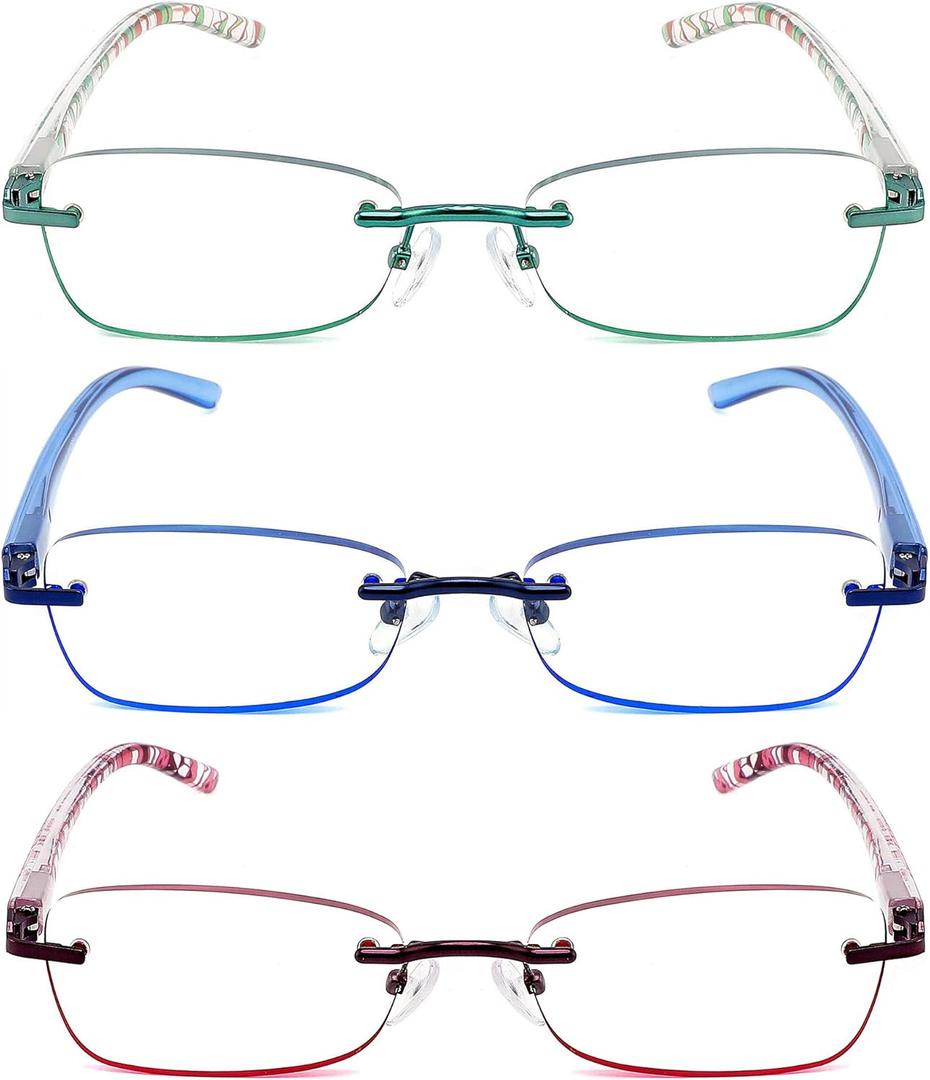 JJWELL 3 Pack Blue Light Blocking Reading Glasses for Women, Anti Eyestrain/Computer Glare UV 400 Filter Readers with Spring Hinge, Lightweight Rimless Tinted Metal Blue Rays Eyeglasses (3.00) (Purple Blue Green)