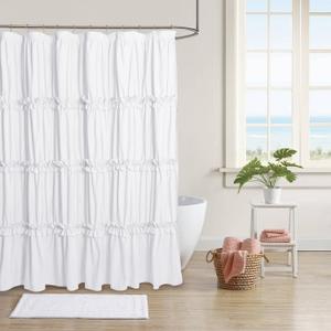 Farmhouse Ruffle Shower Curtain with Handmade Ruched, Vintage Ruffled Fabric Bathroom Curtains, Decorative Elegant Bathroom Curtain with 12 Holes, White, 72" W x 72" H(N60049)