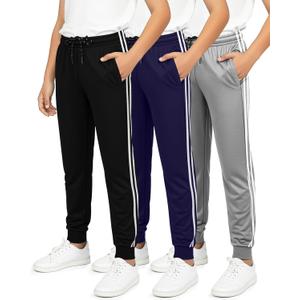 Real Essentials 3 Pack: Boy's Mesh Jogger Sweatpants - Youth Kids Baseball Football Athletic Pants with Pockets (Gray, L)