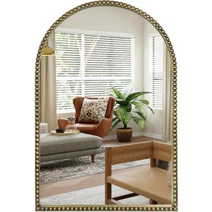 Antique Gold 24"x36" Arched Wall Mirror with Metal Beaded Frame - Decorative Accent Wall Mirror for Bathroom, Bedroom, Living Room, Entryway