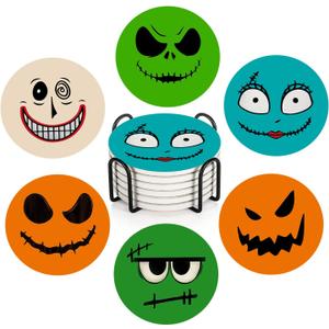 Happy Halloween Coasters Set of 4, Round Absorbent Ceramic Coaster, with Metal Holder and Cork Base, Spooky Face Monster Coasters for Coffee Table Home Decor Kitchen Housewarming Gifts