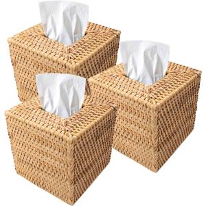 3 Pcs Square Rattan Tissue Box Cover Decorative Hand Wicker Woven Tissue Box Holder 5.5'' x 5.5'' x 5.5'' Boho Natural Tissue Cube Napkin Holder for Bathroom, Office, Car Accessories (Wood