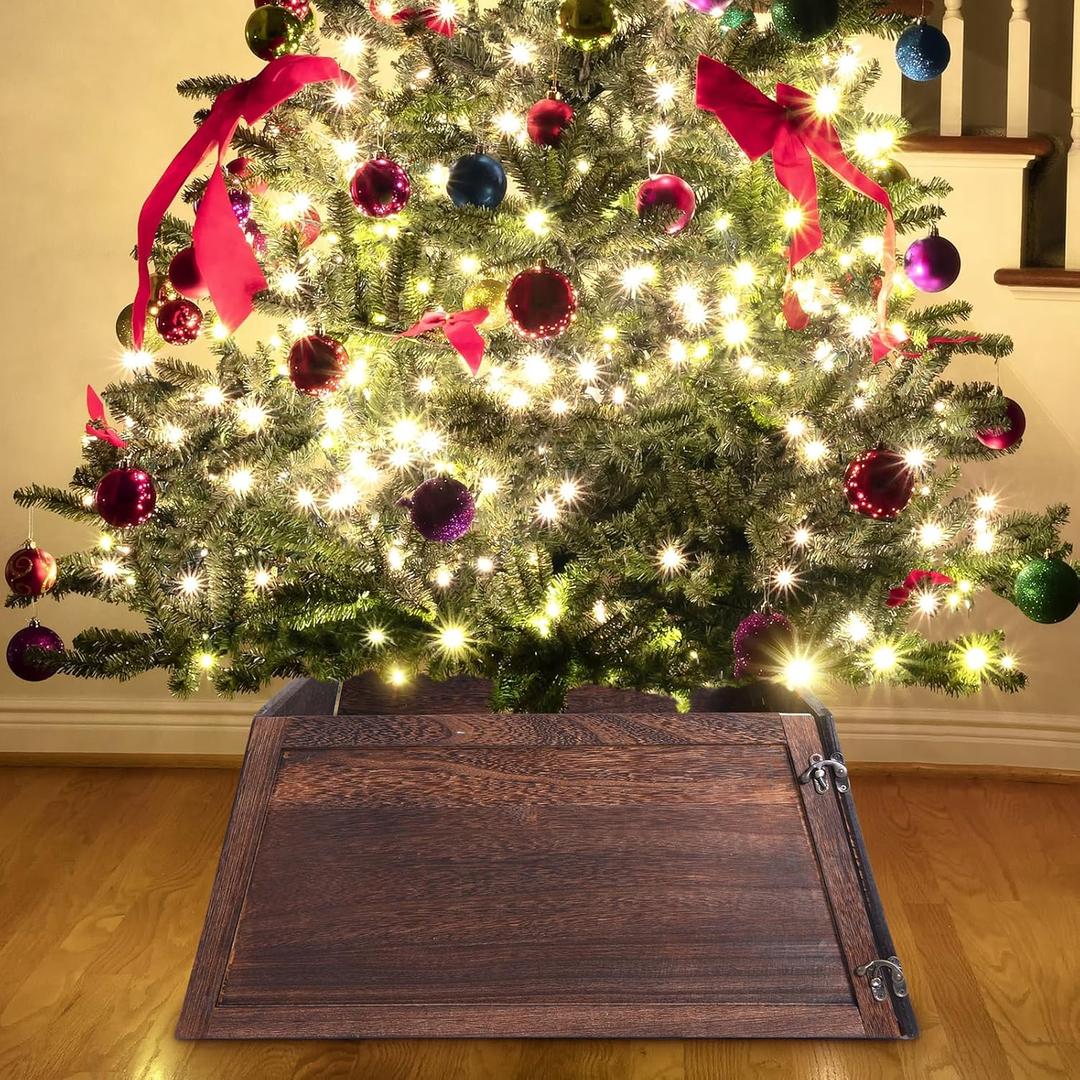 Wesiti Christmas Tree Box Collar 26 Inch Farmhouse Trapezoid Wooden Christmas Tree Stand Cover Box Ring for Home Festive Xmas Decoration(Rustic Brown)