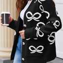 Astylish Womens Open Front Knit Cardigan Sweaters Button Down Bow Printed Outwear Coat with Pockets (M)