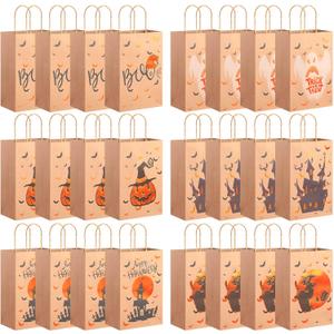 Yexiya 48 Pcs Halloween Treat Bags Bulk Paper Party Favors Goody Candy Snacks Cookie Wrap Gift Bags with Handles Pumpkin Witch Hat Castle Moon Bat Designs Happy Party Supplies