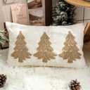 Christmas Tree Lumbar Pillow Cover, Burlap Holiday Farmhouse Decorative Throw Pillow Sham with Brown Rope Embroidery, for Fall Winter Home Decoration, 12x20 inches, 1PCS