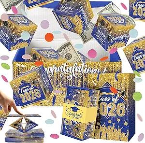 Sereliy Graduation Exploding Money Gift Boxes for Cash, 12 Pack Pop Up Surprise Money Box with Confetti, Blue Gold Graduation Explosion Gift Box for Cash Giving Class of 2026