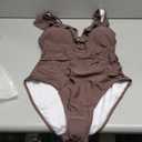 Women's One Piece Swimsuit Tummy Control Ruffle Bathing Suit Plung V-Neck Lace Up Swim Suit Cutout Swimwear, Brown, L