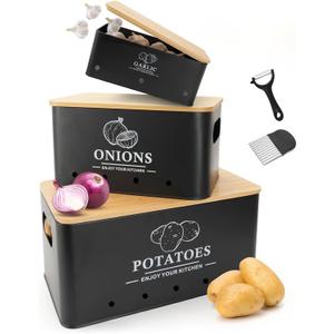Kitchen Vegetable Storage Set of 3, Metal Onion Garlic Potato Storage Set, Kitchen Canisters Vegetable Keeper Containers with Aerating Holes and Wooden Lid (Black)