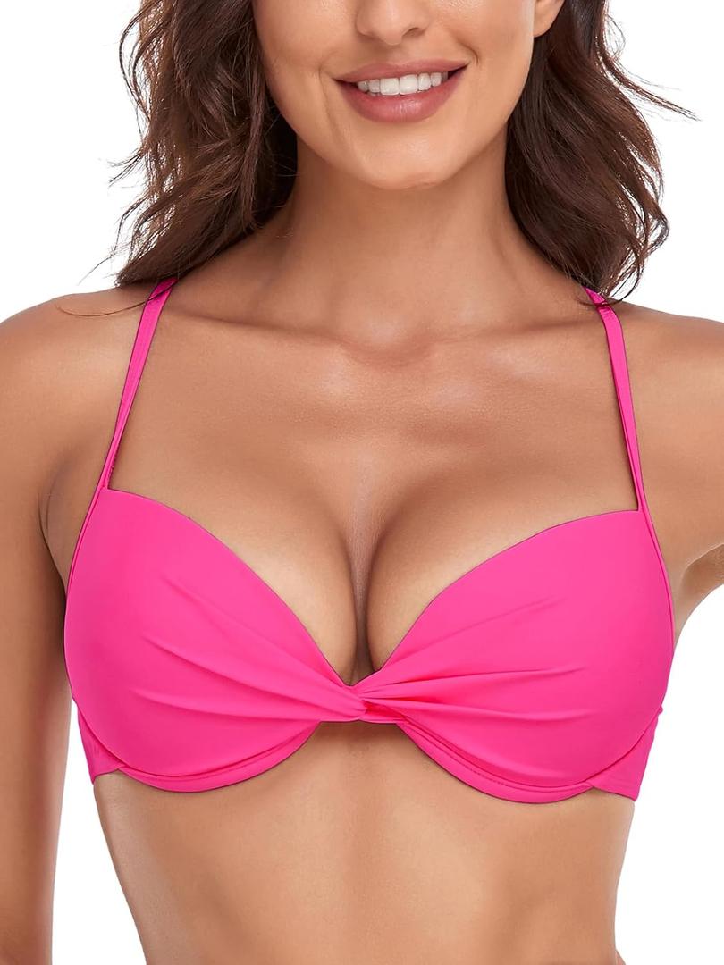 RELLECIGA Women's Underwire Bikini Top Twist Front Push Up Swim Top Mold Cup Swimwear Top (Large, Hot Pink)