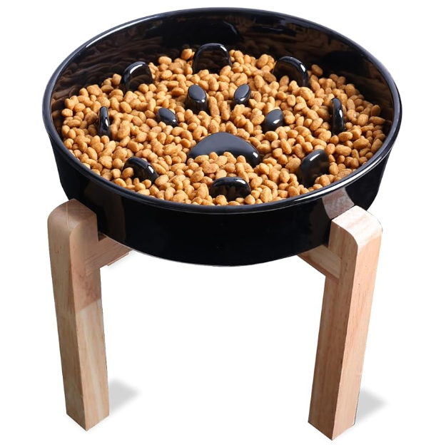 Dog Slow Feeder Bowl with Stand, Round Ceramic Pet Food Bowl for Medium Breed, Fun Raised Dog Bowls to Slow Down Eating (Grey)