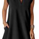 Cicy Bell Womens Summer Mini Dress Cap Sleeve Collared V Neck Casual Ribbed A Line T Shirt Dresses, M, Black