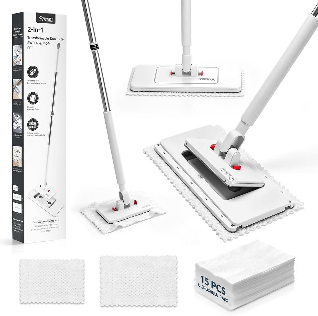 2-in-1 Dual Size Hands Free Flat Mop, Snap Grip Mini & Large Mop | Compatible with Swiffer Pads, 15 Dry Pads and Reusable Cloths, Lazy Mops for Hardwood, Tile, Walls & Tight Spaces Cleaning