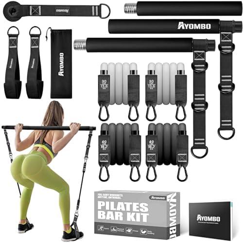 Ayombo Pilates Bar Kit with Resistance Bands, Pilates Workout Equipment for Legs, Hip, Waist, Arm, Squats Exercise Equipment for Home Workouts, Adjustable 3-Section Pilates Bar Kit for Women & Men