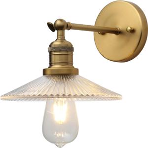 Industrial Vintage Wall Sconce 1-Light with Funnel Ribbed Clear Glass Shade, Indoor Wall Mounted Lamp Fixture for Living Room Bedroom Bathroom Over Kitchen Sink (Brass)