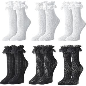 6 Pairs Lace Ruffle Ankle Socks for Women Lolita Frilly Ankle Elastic Cuff Mesh Lace Trim Dress Sock, One Size