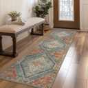 Bavni Kitchen Rug 2x5 Runner Rugs for Hallways Entryway, Washable Vintage Print Carpet, Ultra-Thin Chenille Low Pile Lightweight Rug with Non Slip Backing, Light Red/Blue