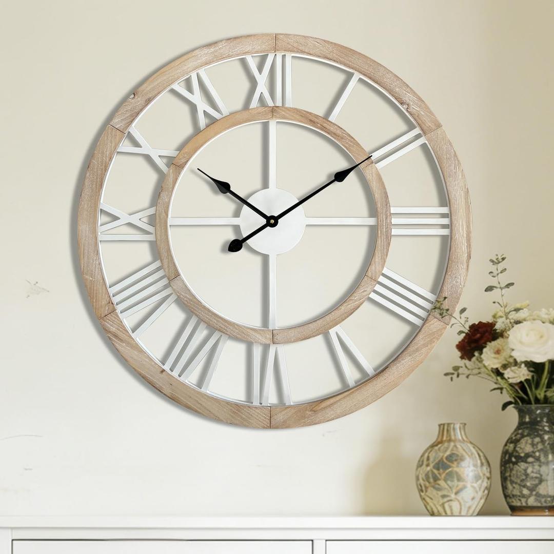 30 Inch Oversized Rustic Wall Clock Silent Non-Ticking Wooden Wall Clocks with Roman Numerals Farmhouse Decorative Clock for Living Room Bedroom Office (Light Lvory)
