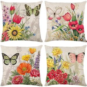 wyooxoo Throw Pillow Covers 20x20 Set of 4 Decorative Spring Pillow Covers Linen Flower Butterfly Farmhouse Pillowcases for Sofa Couch Living Room Outdoor