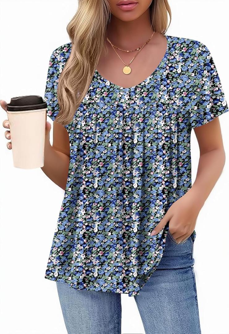 HOTOUCH Womens Short Sleeve Tunic Tops V Neck Loose Fit Ruffle Sleeve Shirts Summer Floral Dressy Casual Boho Blouses (Small, Blue Pink)