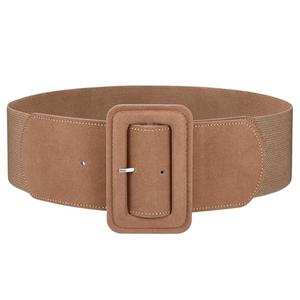 JASGOOD Women Wide Stretchy Belt for Dress Suede Elastic Waist Belt with Vintage Chunky Square Buckle,Tan